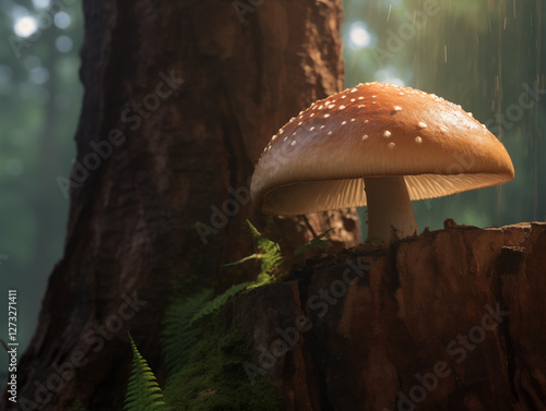 The beauty of a single mushroom in its natural habitat, with dew-covered details and the forest's soft sunlight illuminating the delicate scene.