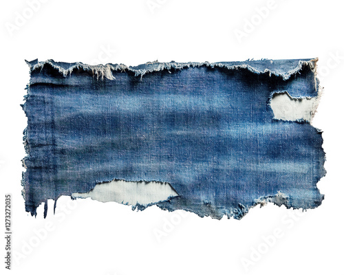 rugged piece of torn denim fabric with frayed edges, showcasing worn out texture and deep blue color, perfect for creative projects or fashion design