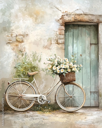 A Charming Watercolor Painting of a Bicycle with a Beautiful Basket of Flowers Nestled by a Door