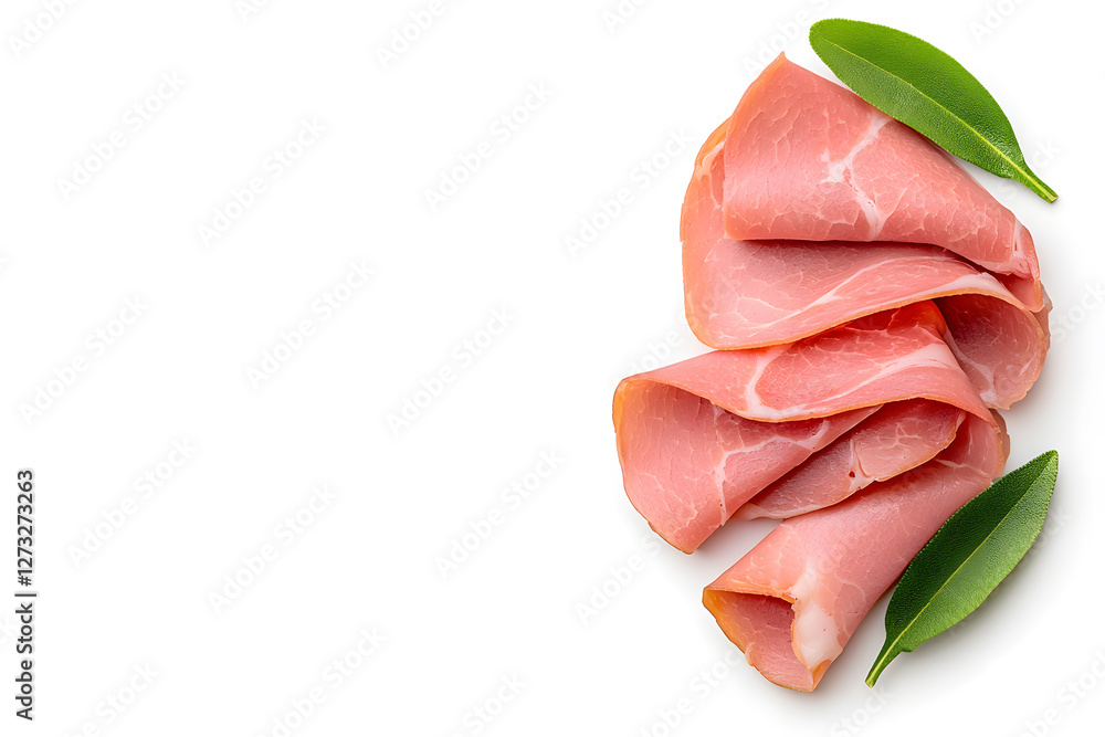 Top view sliced boiled ham isolated on white background Top view sliced boiled ham isolated on white background