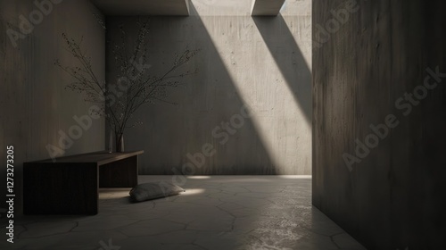 Minimalist Concrete Room with Sunlight and Branches