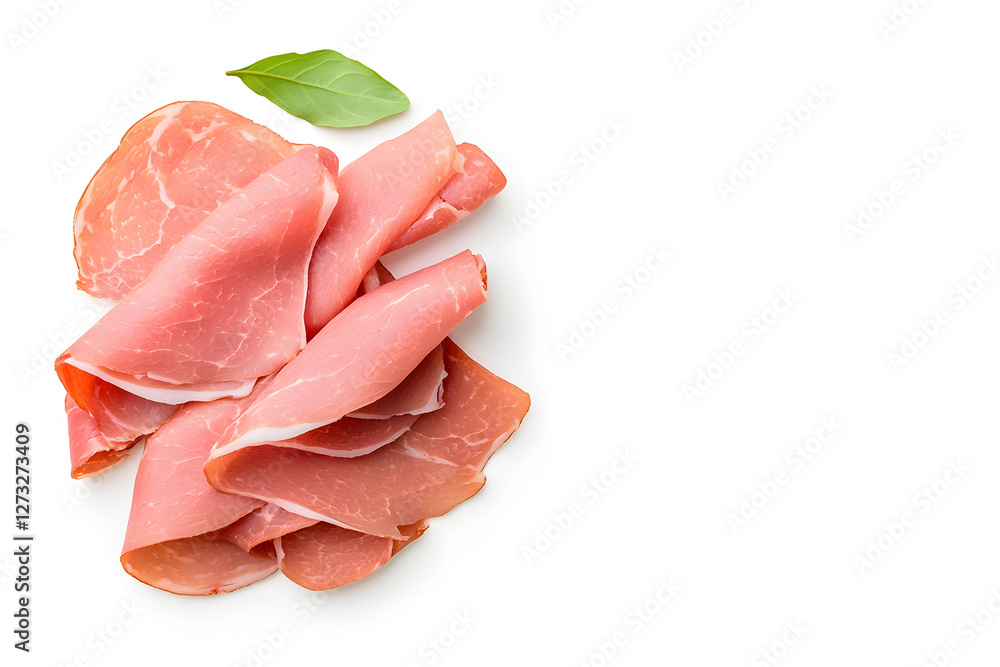 Top view sliced boiled ham isolated on white background Top view sliced boiled ham isolated on white background
