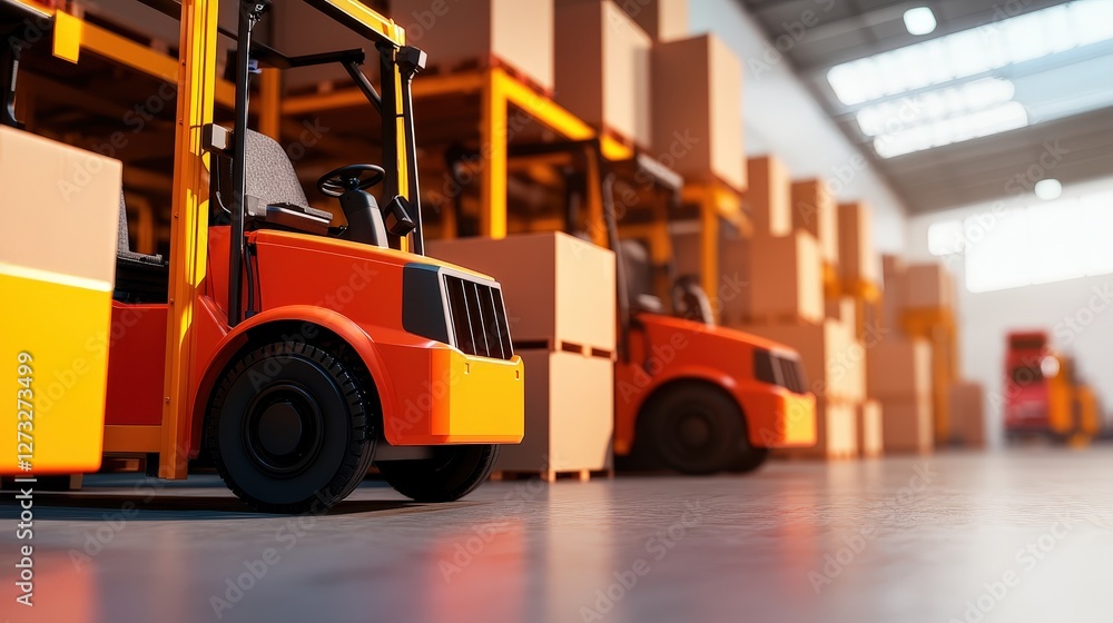 A warehouse scene featuring two forklifts maneuvering among stacked boxes, showcasing an organized storage environment. A warehouse scene featuring two forklifts maneuvering among stacked boxes, showcasing an organized storage environment.
