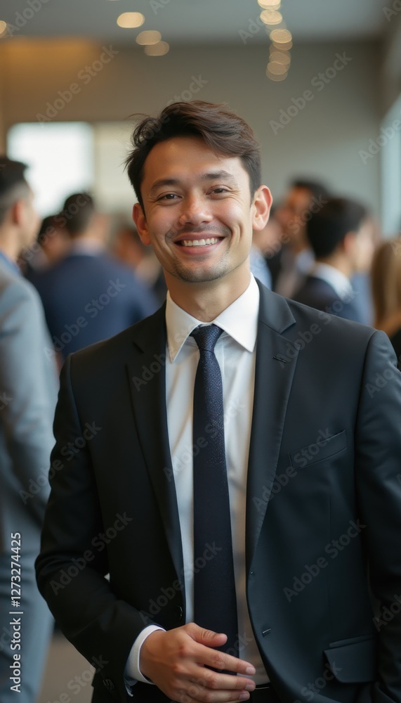Confident young businessman smiles while networking at a professional event in a modern office setting Confident young businessman smiles while networking at a professional event in a modern office setting