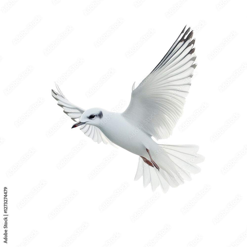 A white bird with a black beak flying in the air A white bird with a black beak flying in the air