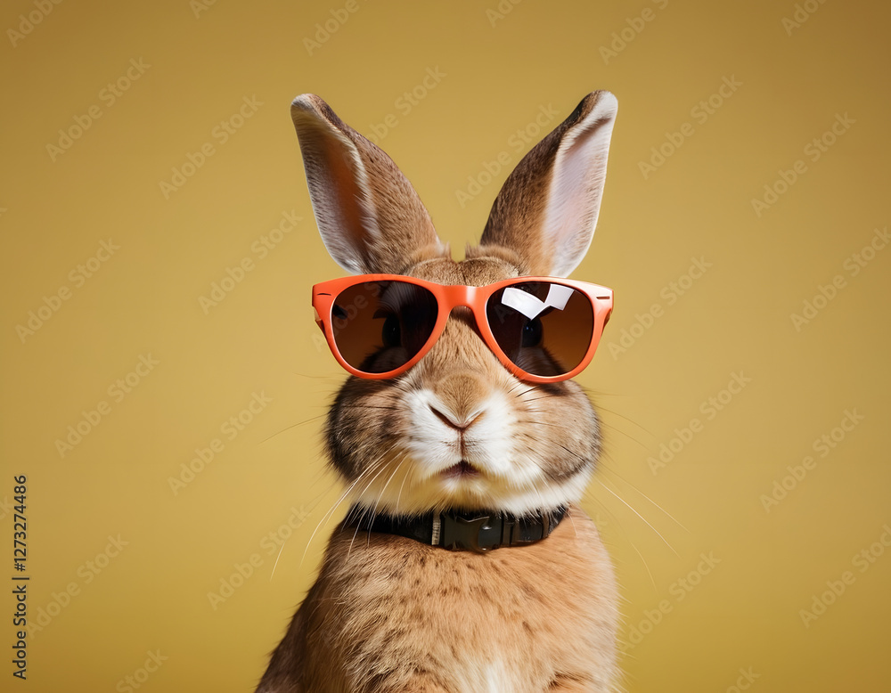 Fototapeta premium close-up of a bunny with sunglasses, a white rabbit on a plain color background, a cute bunny wearing red sunglasses isolated on sunglasses, a stylish animal concept