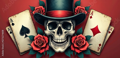 A bold and vibrant illustration featuring a skull in a top hat, adorned with roses and playing cards, perfect for gaming and tattoo designs.