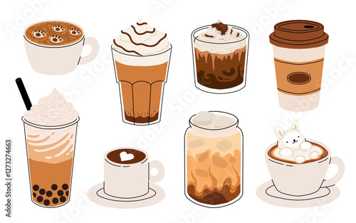 Set of Coffee Cups with Latte Art Patterns Front View. Cute rabbit, Flower and Heart foam shapes. Cafe Bar or Coffee House Graphics. Vector Illustration, Icons