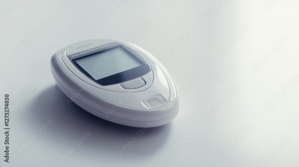 A glucose meter displaying a blood sugar reading. Featuring self-care and diabetes management A glucose meter displaying a blood sugar reading. Featuring self-care and diabetes management