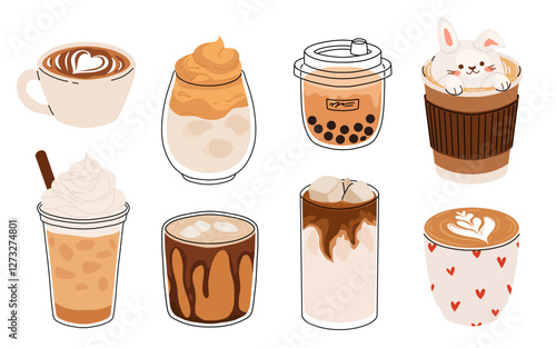 Set of Coffee Cups with Latte Art Patterns Front View. Cute rabbit, Flower and Heart foam shapes. Cafe Bar or Coffee House Graphics. Vector Illustration, Icons