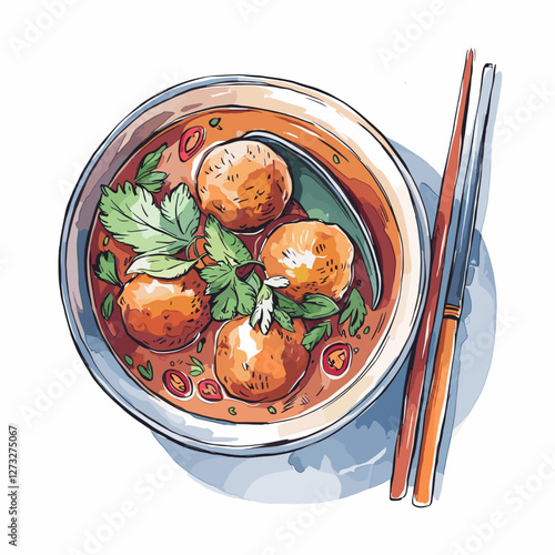 Watercolor Bakso Meatball Soup with Herbs