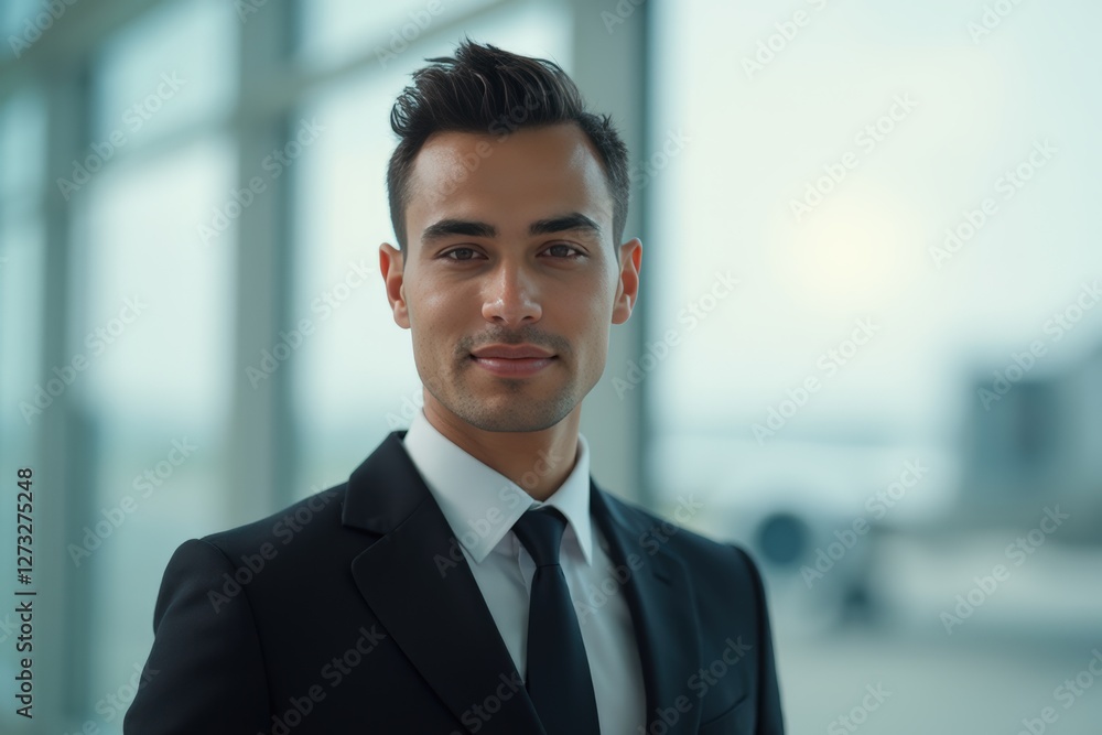 Head and shoulders Portrait of an elegant stylish Algerian young male flight attendant in uniform. Head and shoulders Portrait of an elegant stylish Algerian young male flight attendant in uniform.