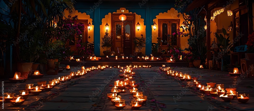 Obraz premium Vibrant Diwali Lanterns Lighting Up a Peaceful Courtyard