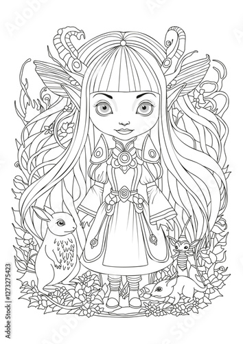 Cute girl, forest fairy in costume and with her animals. Coloring page for children and adults.