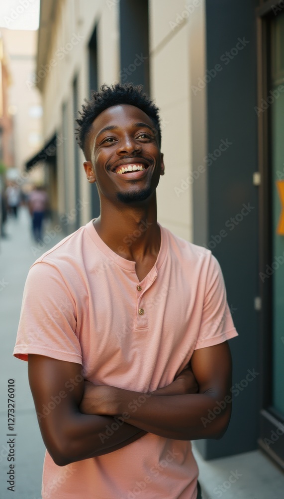 Young man smiling warmly while standing on a busy urban street in the late afternoon light Young man smiling warmly while standing on a busy urban street in the late afternoon light