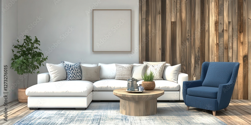 Fototapeta premium A vivid blue and white pattern adorns the intricately textured rug, creating an inviting depth against the rustic wooden floor beneath it
