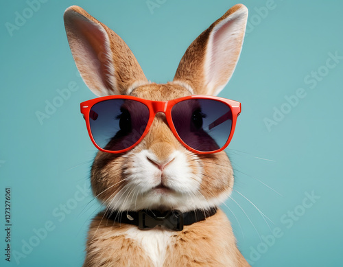 bunny with sunglasses, a white rabbit on a plain blue background, a cute bunny wearing red sunglasses isolated on sunglasses, a stylish animal concept