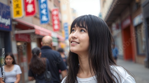 Smiling Woman with Dark Hair Looking Up at Colorful Flags in Urban Street