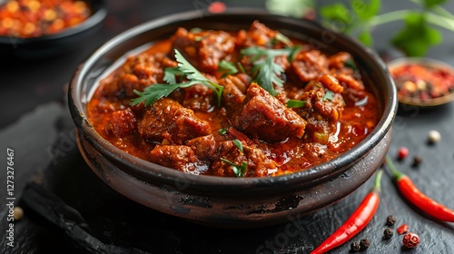 Spicy Indian vindaloo, a fiery Goan curry, no shadows The curry is the highlight, with no text, logo, signature, human body, people, or plants, 