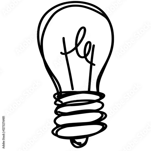 Lightbulb sketch drawing. Light Bulb idea invention. Simple line glass doodle electrical lamp. Black and white inspiration illuminated symbol