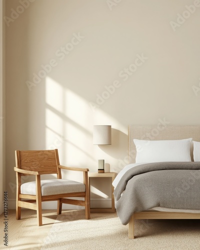 3D rendering of a cozy bedroom with a soft beige wall and a white bed with a gray comforter. 