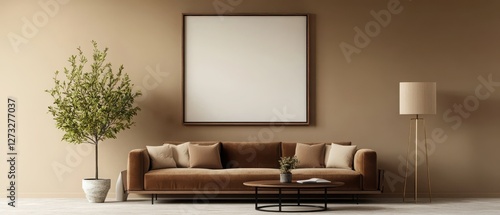 Wallpaper Mural 3D rendering of a stylish brown living room with a beige wall and a TV frame framed with walnut wood.  Torontodigital.ca