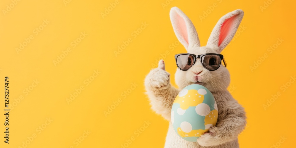 Obraz premium Funny easter animal pet - Easter bunny rabbit with sunglasses and easter egg, giving thumb up, isolated on yellow background