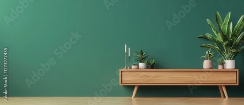 Wallpaper Mural A cozy modern living space with a dark green wall and a wooden TV stand with contemporary lines.  Torontodigital.ca