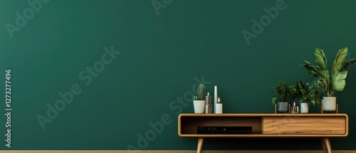 Wallpaper Mural A cozy modern living space with a dark green wall and a wooden TV stand with contemporary lines.  Torontodigital.ca