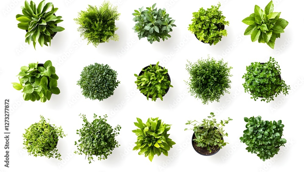 Overhead view of various herbs in pots on white background Overhead view of various herbs in pots on white background