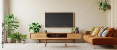 Wallpaper Mural A stylish living room with a soft cream-colored wall and a sleek TV frame in walnut wood, hanging above a warm brown sofa with cozy pillows.  Torontodigital.ca