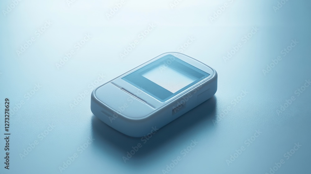 A glucose meter displaying blood sugar levels with a clear test strip in place. Featuring health monitoring and self-testing A glucose meter displaying blood sugar levels with a clear test strip in place. Featuring health monitoring and self-testing