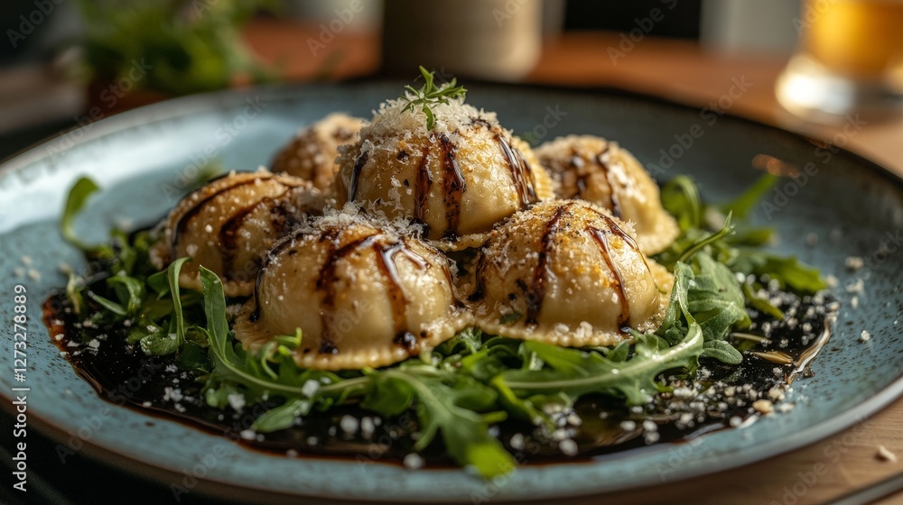 A plated dish featuring ravioli on a bed of arugula, drizzled with sauce and topped with cheese. A plated dish featuring ravioli on a bed of arugula, drizzled with sauce and topped with cheese.
