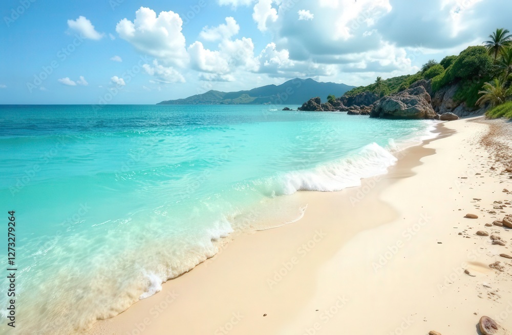 a beautiful beach with white sand and clear turquoise water lapping at the shore, creating an idyllic and tranquil atmosphere a beautiful beach with white sand and clear turquoise water lapping at the shore, creating an idyllic and tranquil atmosphere