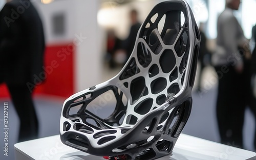 A 3D printed automotive part of a car seat frame at a manufacturer stand at a exhibition with people in the blurred background.