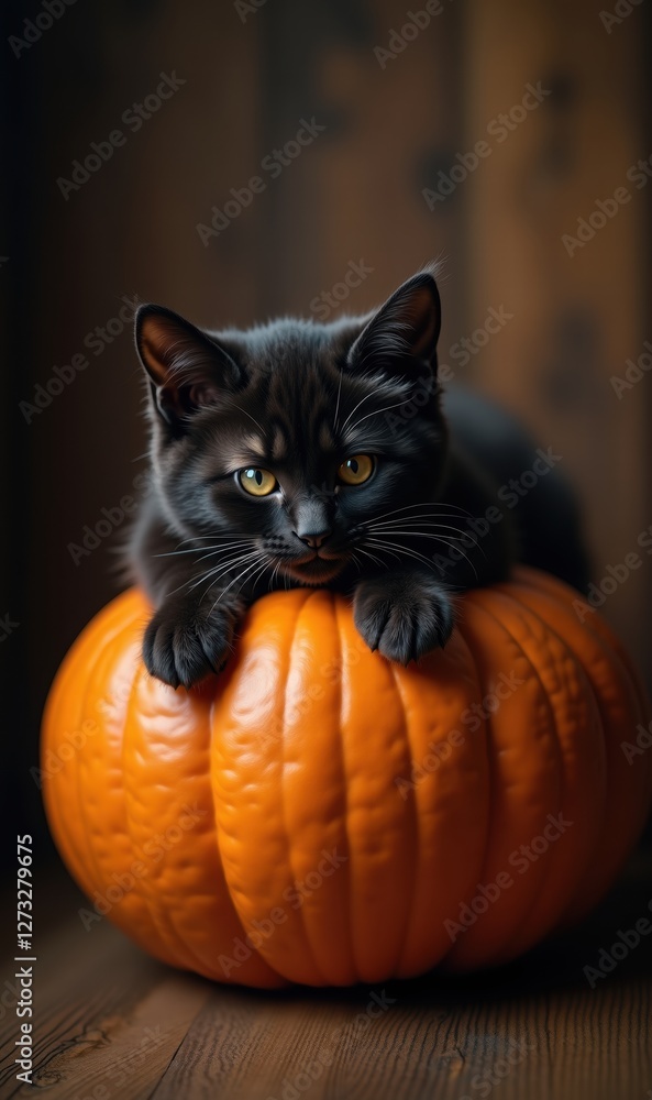 A charming black cat lounging on a vibrant orange pumpkin, perfect for autumn-themed designs and seasonal marketing materials. A charming black cat lounging on a vibrant orange pumpkin, perfect for autumn-themed designs and seasonal marketing materials.