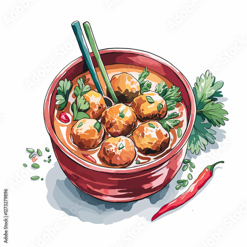 Watercolor Bakso Meatball Soup with Herbs