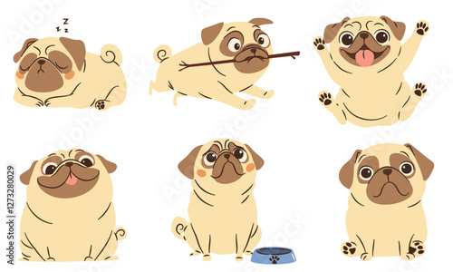 A set of flat vector illustrations in a simple children's style. Cute funny dogs of pug breed in different poses on white background . Vector illustration