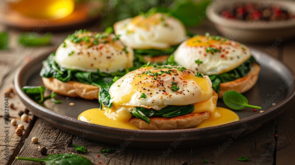 Gourmet eggs Florentine with spinach and hollandaise, no shadows The eggs are the highlight, with no text, logo, signature, human body, people, or plants, Gourmet eggs Florentine with spinach and hollandaise, no shadows The eggs are the highlight, with no text, logo, signature, human body, people, or plants,