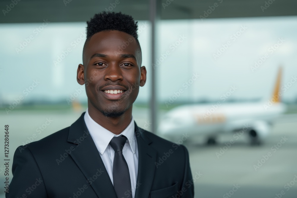 Fototapeta premium Head and shoulders Portrait of an elegant stylish Congolese young male flight attendant in uniform.