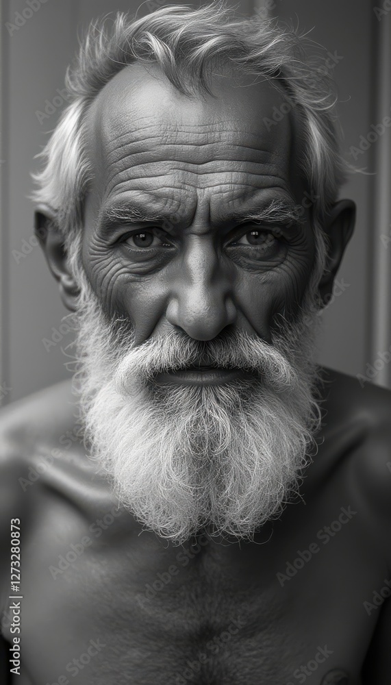 Portrait of an elderly man with a long beard and deep-set eyes, capturing the wisdom of age in a black and white documentary style Portrait of an elderly man with a long beard and deep-set eyes, capturing the wisdom of age in a black and white documentary style