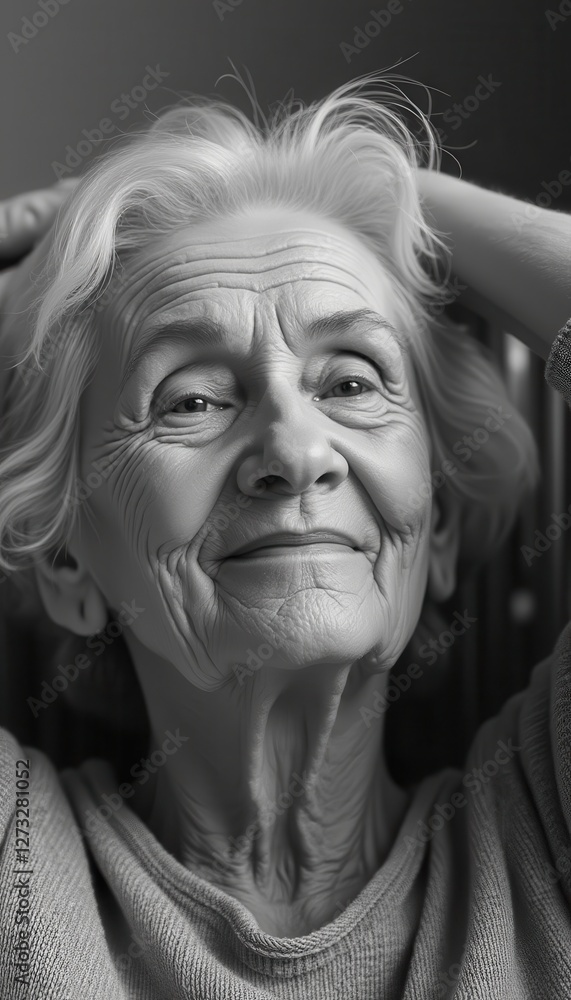 Elderly woman smiling with a warm expression in a black and white setting showcasing life and wisdom Elderly woman smiling with a warm expression in a black and white setting showcasing life and wisdom
