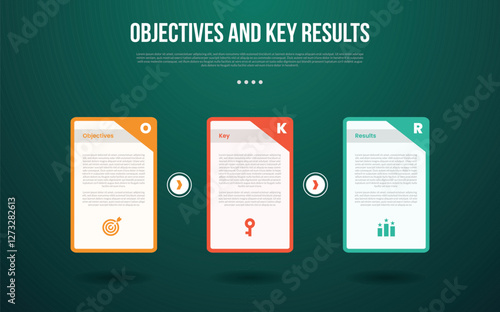 OKR Objectives and Key Results infographic template with big table with sharp edge and badge on top right with dark background style with 3 point for slide presentation