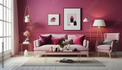 Livingroom in trend viva magenta wall background mockup with sofa furniture and decor.