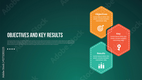 OKR Objectives and Key Results infographic template with hexagon on vertical direction with dark background style with 3 point for slide presentation