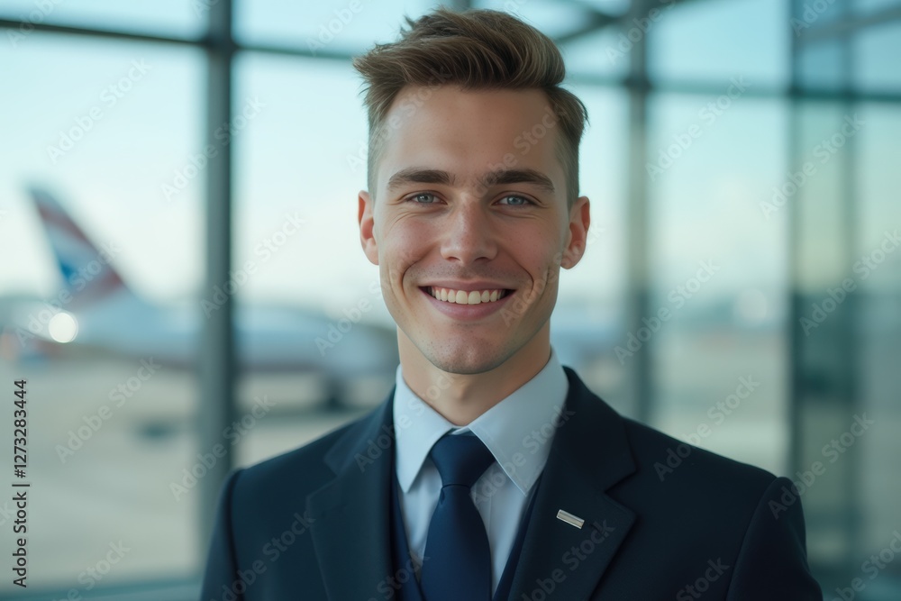 Head and shoulders Portrait of an elegant stylish Finnish young male flight attendant in uniform. Head and shoulders Portrait of an elegant stylish Finnish young male flight attendant in uniform.