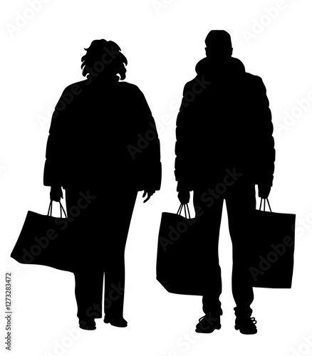 Silhouette of couple man and woman in warm clothing with shopping bags.  Front view. Full length. Black and white vector illustration.
