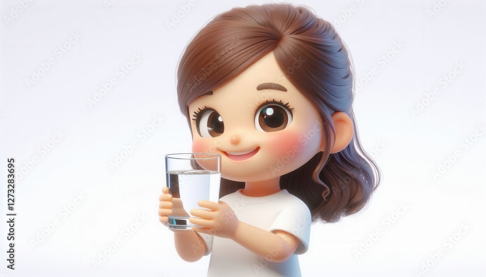 Cheerful child holding a glass of water studio setting 3d animation bright environment Cheerful child holding a glass of water studio setting 3d animation bright environment