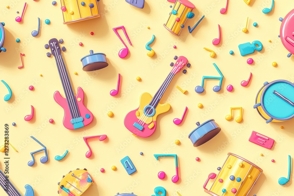 A playful and colorful music-themed pattern featuring guitars, drums, and musical notes scattered on a light yellow background, perfect for children's designs.