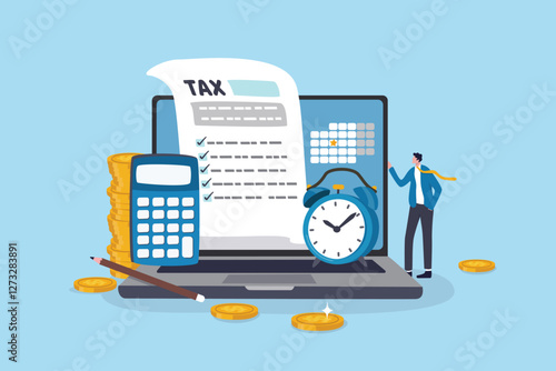 Tax online payment on computer laptop, income tax calculation deadline, refund or revenue paperwork, financial duty concept, businessman on tax calculation payment with calendar date computer laptop.